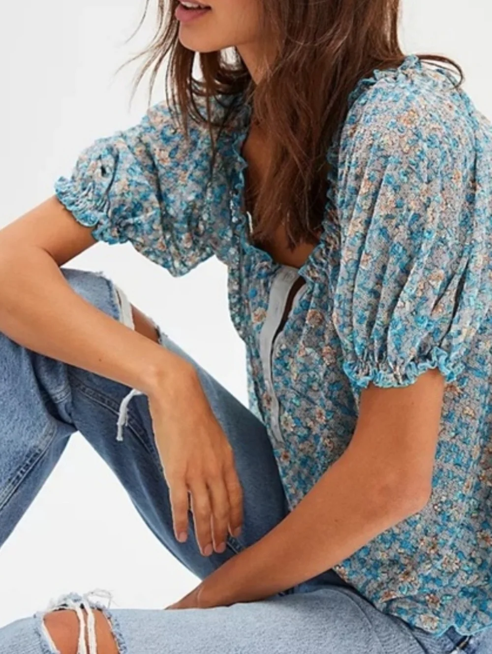 Free People Astra Peasant Top in Blue Daisy Floral Print Size Medium - Picture 3 of 6